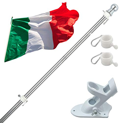 Kit Asta Bandiera di alluminio con Staffa Asta Bandiera in Acciaio Inossidabile, 180cm Set Pennone per Bandiera con Anello Rotanti per Montaggio a Parete Regolabile Include Bandiera Italiana