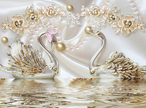 ABSTRAKT DESIGN Fototapete VLIES-300x223 cm (2026A)-Natur Rosen Blumen Muster Gold Schwan Wandtapete-Inkl. Kleister-Vliestapete Bild Dekoration Wand-Dekor Moderne Motiv-Tapete Panorama Poster XXL