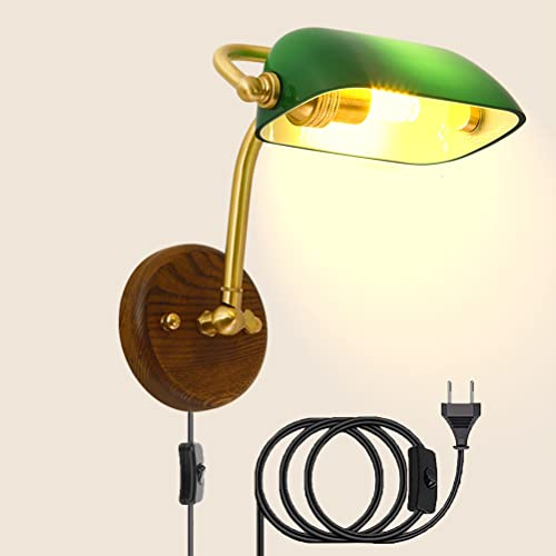 Innen Banker Wandleuchte mit Stecker und Kabel, Grün Glas Wandlampe mit Schalter Verstellbarer Messing Arm Holz Base E14 Wand-Leselampe Schlafzimmer Nachttischlampe Klassisch Wand Beleuchtung Vintage