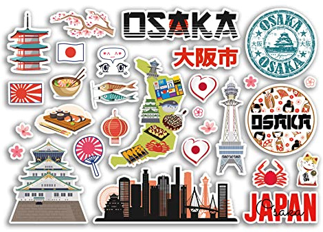 A5 Foglio di Adesivo Osaka Adesivi in vinile - Giappone Giapponese Punti di riferimento Vacanza Timbro Estate Mappa Bandiera Viaggi Città Dei Bagagli Scrapbooking #79037
