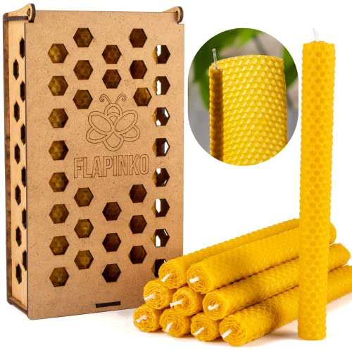 Bienenwachskerzen Set Tafelkerze FLAPINKO Handgefertigt, 10 Stück | Bio, Natur, Rein, Baumwolldocht | Wabenstruktur | Echtes Bienenwachskerzen Geschenkset mit Holzkiste | Premium, Dinner, Bistro.
