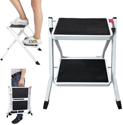 Two-Step Stool Portable 2 Step Ladder, Lightweight Metal Folding Step Stool Household Stepladder, Large Platform Small Step Ladder with Non-Slip Feet for Caravan/Campervan/Kitchen, 330lbs Capacity