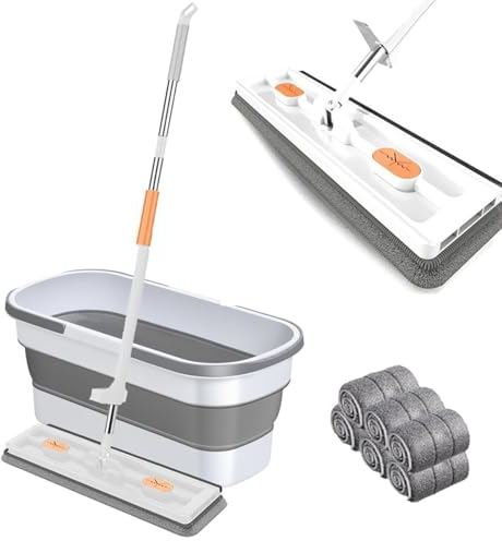 Mocio Piatto Grande e Secchio Scalabile Set, Mocio per Pulizia Rotante a 360° con Raschietto, Mocio Asciutto e Bagnato per la Pulizia di Pavimenti in Legno Duro, Piastrelle, Laminato,Bianca