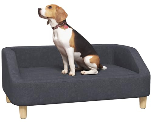 PawHut Hundesofa, Haustiersofa Katzensofa Hundebett für mittelgroße und große Hunde, Hundecouch mit Erhöhtem Design, Hundesessel mit Holzbeine, Dunkelgrau, 95 x 63 x 39 cm