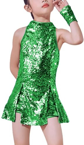 LOLANTA Mädchen Pailletten-Kostüm Hip Hop Dancewear Funkelndes Tanzkleid Gesetzt, Grün, 8-9 Jahre, 140