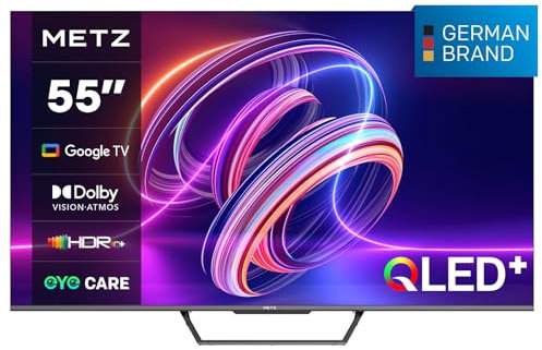 Metz Smart TV QLED + MQD7500 4K UHD 55 Pouces Google TV Téléviseur Dolby Vision Atmos HDR 10+ Wi-FI DTS Chromecast Contrôle Vocal Google Assistant Tuner DVB-T/-T2/-C/-S/-S2 CI+ (2024 Modèle, Noir)