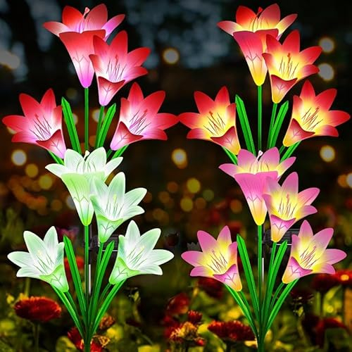 Asslye Lampe Solaire Exterieur Jardin de Fleur de Lys 4 Paquet Couleurs Changeantes de 7 IP65 LED Etanches Lumiere Solaire Exterieur,Decoration Jardin Exterieur pour Patio, Allée,Pelouse,Cour