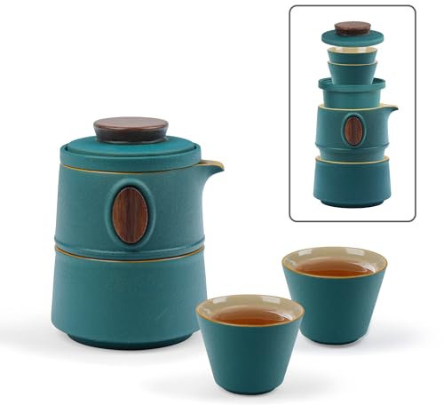 fanquare Juego de Té Portátil de Viaje con Estuche Tetera de Kung Fu China de Porcelana Verde con Infusor Mini 1 Tetera 3 Tazas para Exterior