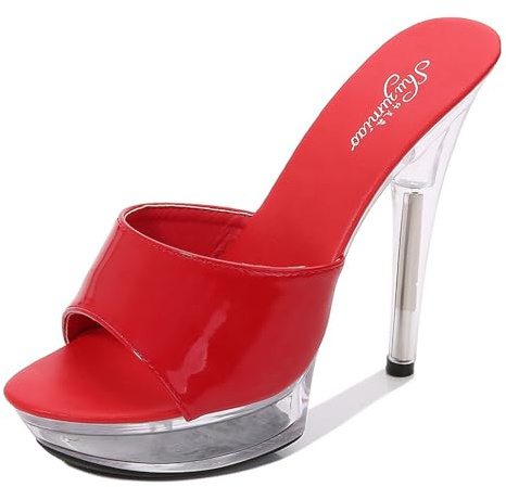 WOkismD Mujer Cristal Transparente Stiletto Tacones Altos Plataforma Punta Abierta Sandalias con Correa en el Tobillo Slingback Mulas de tacón Alto Diapositivas Zapatos de Vestir,Rojo,38