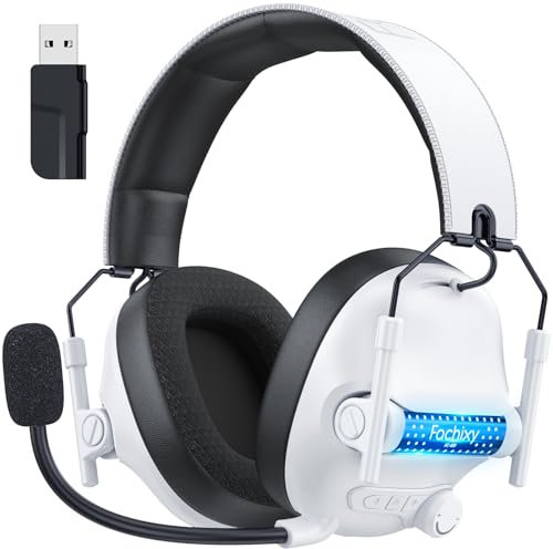 Fachixy FC400 Cascos Gaming Inalámbricos para PC, PS5, PS4, Auriculares Gaming Inalámbricos de 2,4GHz Wireless+Bluetooth - Baja Latencia, Duración 40Hr+, Luces RGB, Game Boy(Blanco Negro)