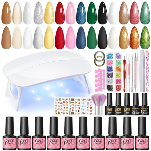 PEACECOLOR 33PCS Uñas Semipermanentes Kit Completo 10 Colores Blanco Rojo Rosa Verde Marrón Purpurina Esmalte Gel con Lámpara UV/LED Base y Top Coat de Esmalte de Uñas para Nail Arte