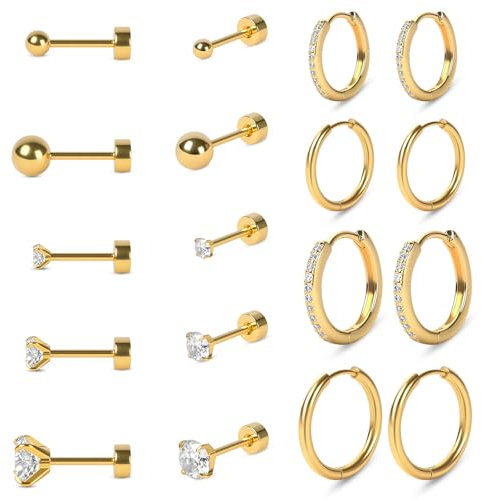 Vicloon Boucles d'Oreilles Set, 9 Paires Femmes Acier Inoxydable Creoles Ensemble Petite Clous Hypoallergéniques Cartilage Helix Oreille pour Multiple Piercing (Or)