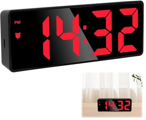 Sveglia Digitale, Sveglia da Comodino con Temperatura e LED Grande Schermo Snooze Orologio da Comodino USB/batteriaa Specchio 3 Livelli di Luminosità USB Ricaricare Sistema 12/24 Ore (Luce Rossa)