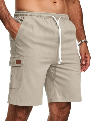 Zetieny Lätta sommarshorts och shorts i linne för män med cargofickor | Elastisk midja, justerbar dragsko, enfärgad, andas, strand, avslappnad, arbete, vardag, utomhus,