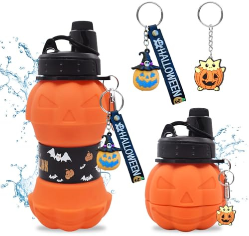 GlibberToy Halloween Borraccia Zucca, Bambino Zucca Halloween - 550ml, Halloween Zucca Decorazioni, con Portachiavi Pumpkin, Senza BPA, Regalo per Bambini (Orange)