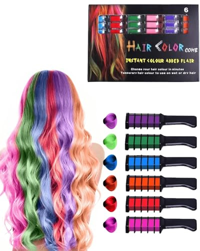 HUVZOR 6 Peines de Tiza para Cabello | 6 Colores Lavables | Coloración del Cabello Temporal No Tóxico para Fiestas,Carnaval | Ideal para Uso en Niñas, Hombres y Mujeres en Eventos como Halloween