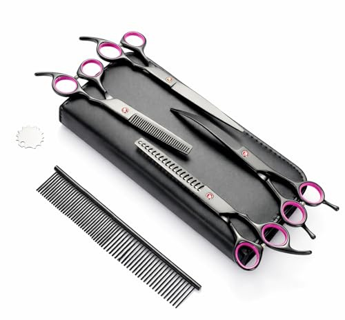 EVERGOODS Heavy Duty Stainless Steel Titanium Coated Pet 6 in 1 Grooming Scissors Set Thinning Straight Curved Shears with Combs Trimming Kit for Long & Short Hair Coat Fur for All Dog and Cat
