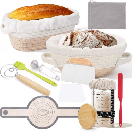 Juego de 18 cestas de fermentación, kit para preparar masa madre, cestas de fermentación ovaladas de 28 cm y redondas de 25 cm, tarro de cristal para masa madre con accesorios de panadería