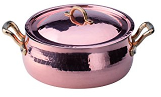 Pentole Agnelli ALCM108MC24 Casseruola Bassa Bombata, in Rame Martellato Stagnato a mano, con 2 maniglie in ottone e coperchio, 24 cm