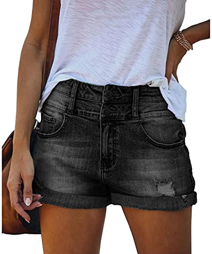 Bichingda Short en Jean décontracté pour Femme, Taille Haute, Ourlet effiloché, Pantalon d'été Court avec Poches, Noir, Taille M