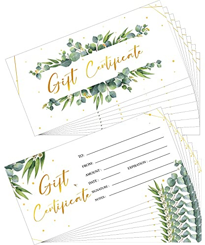 Chuangdi 100 Pcs Gift Certificate for Business Eucalyptus Blank Gift Certificate Cards Gold Foil Present Postcard Double-sided Customer Client Voucher Card for Wedding Birthday Beauty Salon Spa