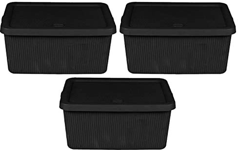 Set of 3 Small 7L Plastic Knitted Storage Basket with Lid, Stackable Organiser Lidded Bin Box for Nursery, Kids, Closet, Shelf and Bathroom Storage (Black)