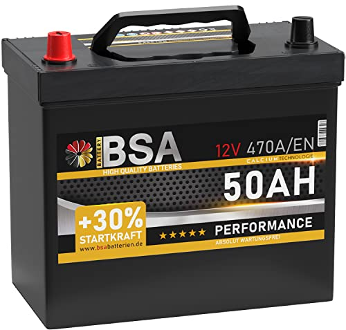 BSA ASIA Autobatterie 50Ah 12V 470A/EN ASIA Batterie Plus-Pol Links 30% mehr Startleistung ersetzt 45Ah 47Ah