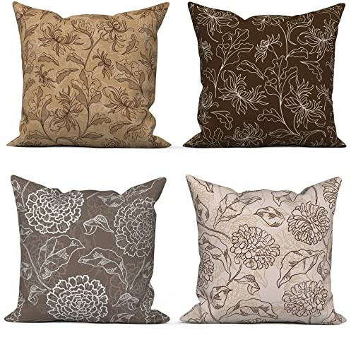 ASDCXZ Boho örngott 45 x 45 cm set om 4, vintage beige brun grå blomma blad soffa kudde överdrag dekorativ kudde örngott tvättbar polyester lin textil utomhus stoppning örngott
