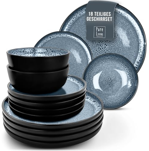 18 Piece Dinner Sets for 6 People - Beautiful Mediterranean Style Stoneware Dinner Set for 6 - Dishwasher & Microwave Safe Plates and Bowls Set for 6 - Dinnerware Sets by Pure Living in Smokey Blue