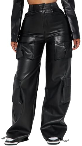 Women's Fashion Leather Pants Casual Solid Color Multi Pocket Cargo Leather Pants Loose Cargo Trousers