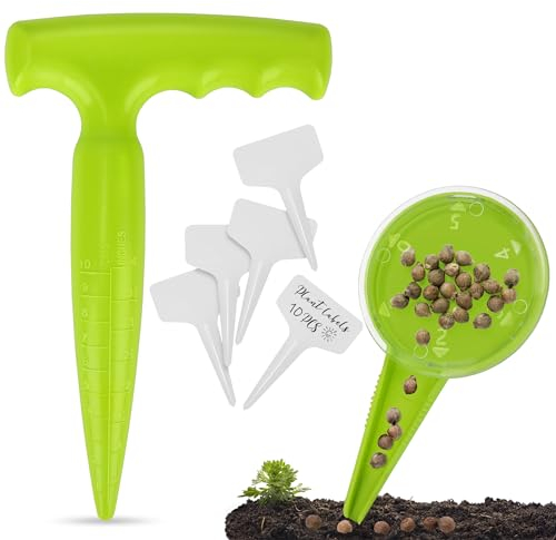 Milifox 2pcs Plantador de Bulbos,10Pcs Etiquetas Plantas - Herramientas Jardineria con Escala de Medida,Dispensador de Semillas - Plantador Manual de Hortalizas