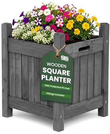 My Garden Wooden Square Planter with PE Liner - 30 x 30 x 38 cm Weather Resistant Wooden Planter Box for Outdoor Use - Ideal for Patios, Gardens & Decking - Easy Assemble & UV Resistant