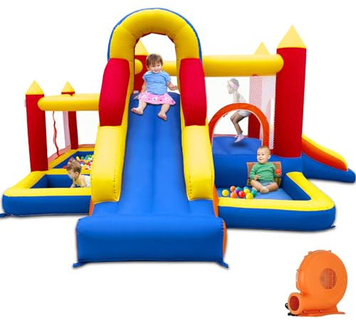 Ballsea Castello gonfiabile con ventilatore, per interni XXL, paradiso per bambini con scivolo, rete di sicurezza, certificato EN71, per 3-8 anni