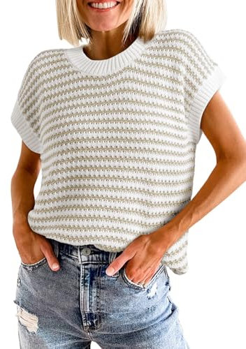 Aleumdr Damen Strickpullover Elegant Ärmellos Pullunder Oversized Grobstrick Strickweste Rundhals Causal Strickpulli Winterpullover, Khaki M