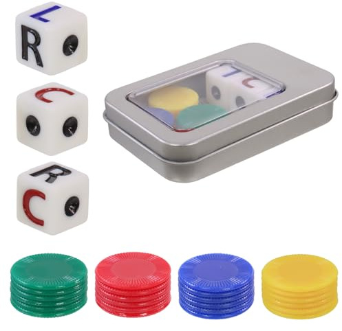 Bettli Left Right Centre Dice Game,Funny Set 3Pcs 6 Sided Round Corner Dice and 24Pcs Colorful Chips Left Right Centre Dot Board Games Accessories for Family Camping Game