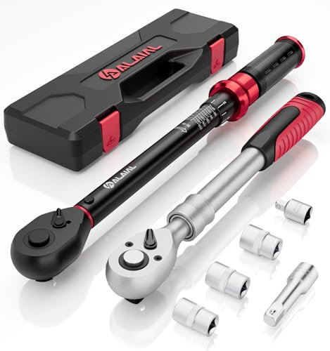ALAIAL 1/2 Clé Dynamométrique, 20-220Nm Clé Dynamométrique, 7 Pièces Kit D'entretien pour Voiture & Camion avec Cliquet Télescopique, Barre d'extension, 1/2-3/8 Adaptateur, 17/19/21mm Douilles