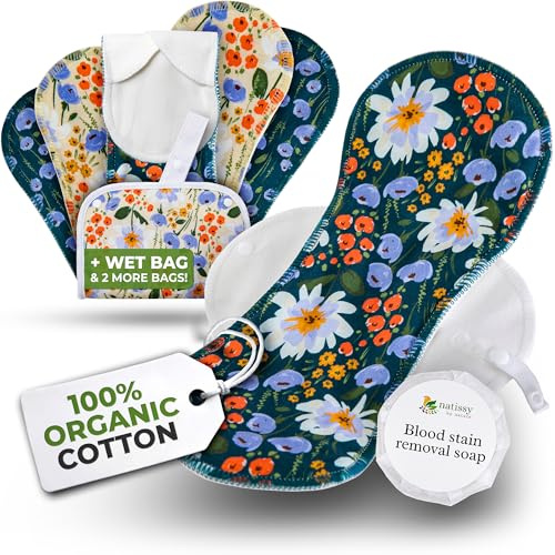 EcoConfort compresas reutilizables en algodón orgánico para flujo abundante e incontinencia (L+XL, 6 uds.); lavables a alta T°; cómodas y no irritantes, compresas de tela para una higiene de mujeres
