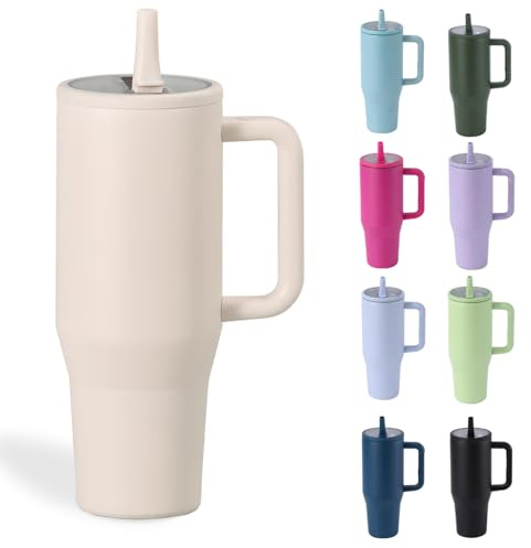Moollyfox 1 200 ml/40 oz isolerad mugg läckagesäker rostfritt stål dubbelväggig bilmugg med sugrör kaffekopp kylkopp resemugg med handtag och läckagesäkert lock beige