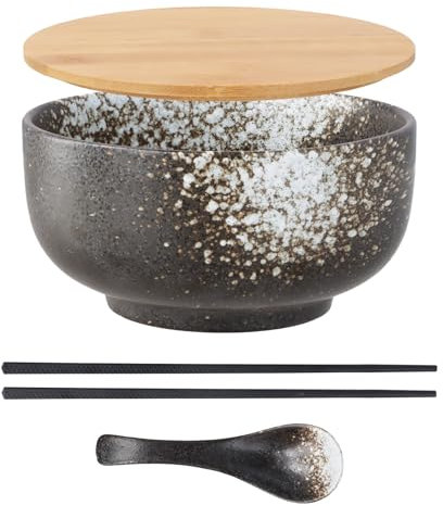 Focenat Ramen Bowl De Cerámica, 1500ML Ensaladera grande, Tazón de Ramen Japonés con Palillos y Cuchara, Cuencos de Cereales, Cuencos de Sopa, Juego de Tazones de Cerámica para Desayuno (Blanco)