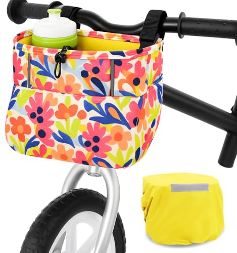 ANZOME Kids Bike Handlebar Bag with Water Bottle Holder, Waterproof Bicycle Basket for Boys & Girls, Reflective Scooter Accessories with Rain Cover (Colorful Blocks)