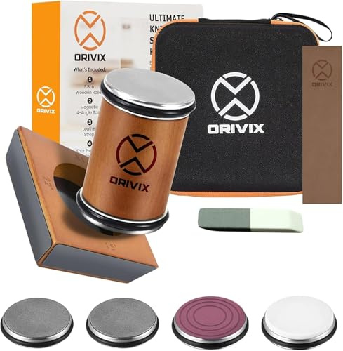 Orivix Rolling Knife Sharpener Kit – Magnetic 4-Angle Base, 3.86 Inches Longer Wooden Roller, 4 Grit Discs (1000/400 Diamond & 3000 Maroon / 6000 White Ceramic) and Leather Strop
