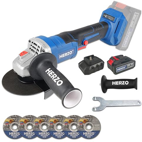 HERZO Smerigliatrice angolare a batteria 125 mm, motore brushless 20V, 9300 giri/min, per metallo e pietra, con batteria e caricatore rapido