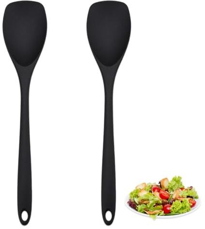 YUVKIN 2 Cucchiai da Cucina, resistenti al calore fino a 210°C, manico ergonomico, ideali per pentole antiaderenti, lavabili in lavastoviglie (27,5 cm) (Nero)