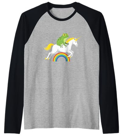 Divertido diseño de Rana Montando Unicornio arcoíris Camiseta Manga Raglan