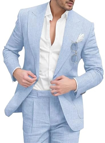 Costume Deux pièces en Lin pour Homme, Coupe Slim, idéal pour l'été, la Plage, Les Mariages, Les bals de Promo et Mariages. Bleu, Taille 6XL.