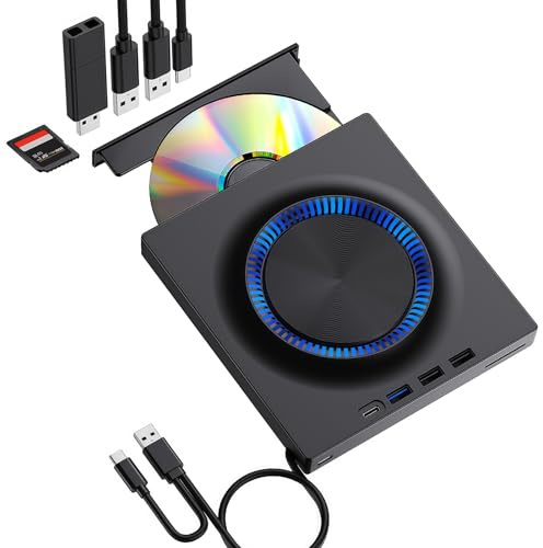 Vutlace Unidad externa de Blu-ray, grabadora de Blu-ray 7 en 1 con luz ambiental RGB, unidad Bluray ultradelgada portátil con puerto SD