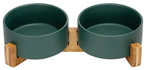 SPUNKYJUNKY Set de Cuencos Cerámicos para Mascotas con Soporte Bambú, Ideal Gatos/Perros Pequeños y Medianos, Duradero, Fácil Limpieza, Antideslizante