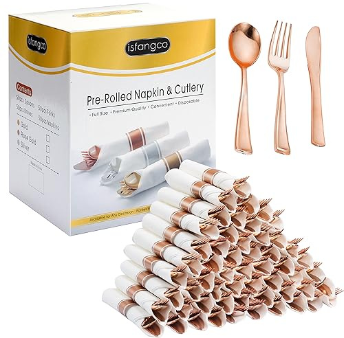 ISFANGCO 50 Pack Pre Rolled Rose Gold Plastic Silverware Set with Napkins,Disposable Wrapped Heavy Duty Cutlery Set for Wedding Birthday Party-50 Forks,Knives,Spoons,Utensils Set,Plasticware Bulk