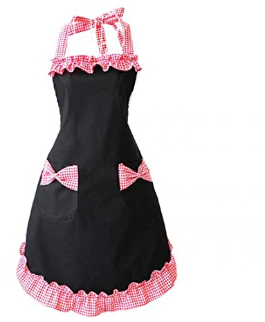 CCHAMP Delantal Mujer Negro y Rojo con Bolsillos, Lazo para Niñas, con Dobladillo de Volantes a Cuadros para Cocina, Hornear, Barbacoa, Café Camarero