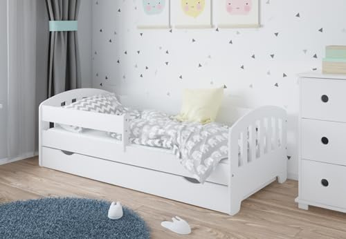 Kids Collective Kinderbett 80x160 | 80x180 | 90x200 cm mit Schublade, Rausfallschutz & Lattenrost in weiß 80x180 cm Mädchen Jungen Bett | von 3. bis 12. Lebensjahr